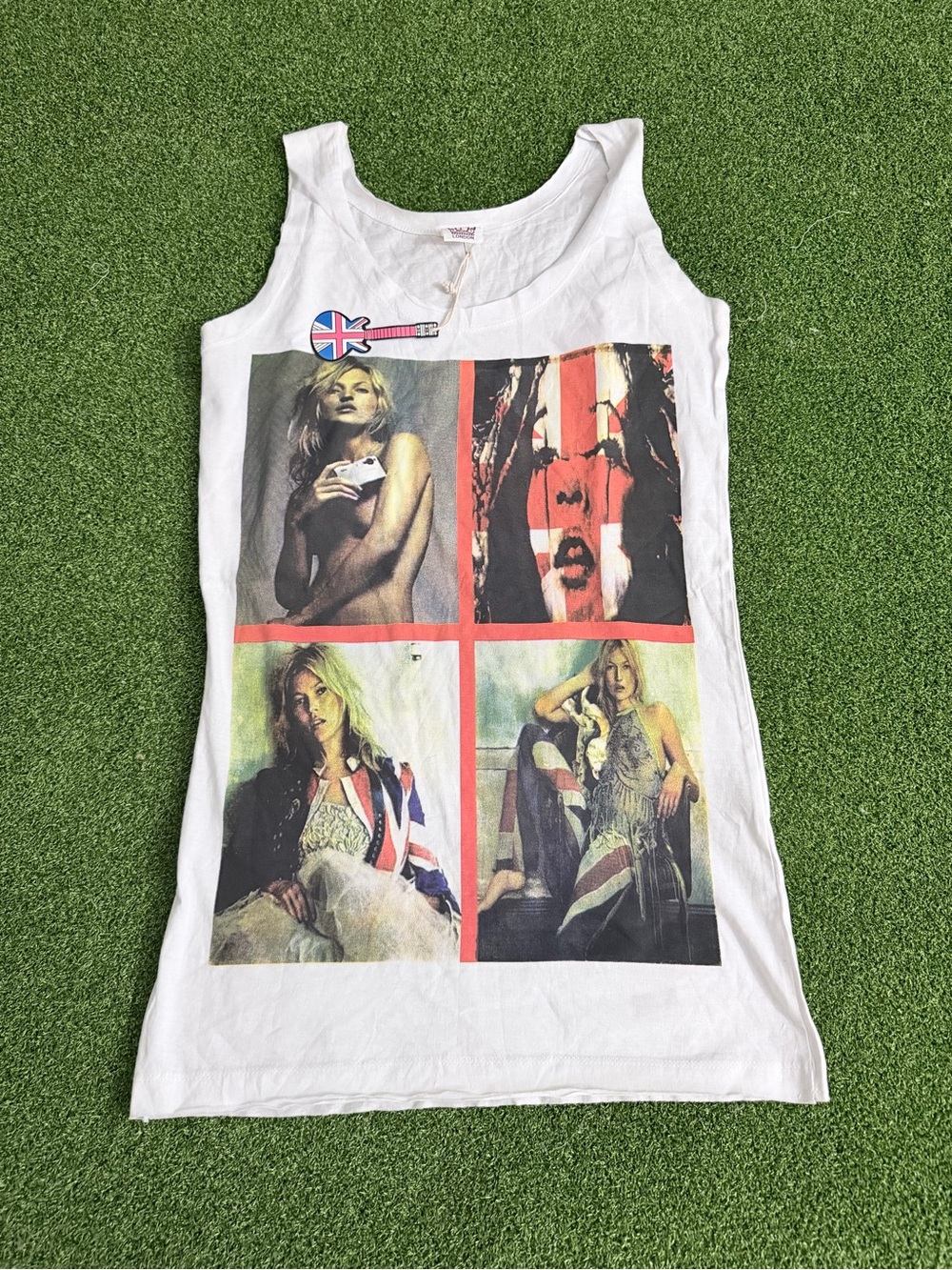 NWT FQ London Kate Moss Union Jack Graphic Tank Top White Small